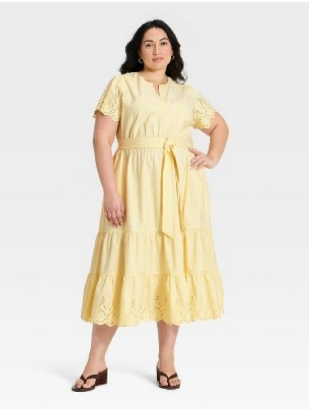 Women's Short Flutter Sleeve V-Neck Front Tiered Eyelet Midi Dress Ava & Viv